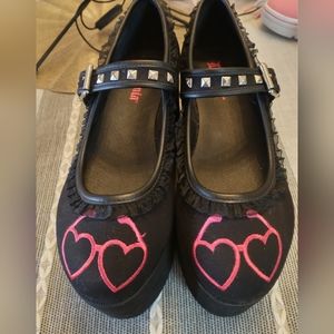 Demonia ruffled platform Mary Jane shoes black with red heart size 10.5 …